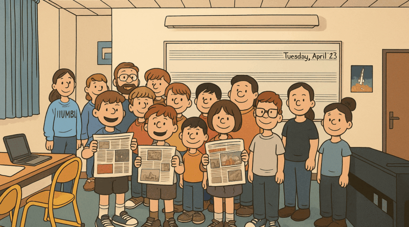 Image d'illustration créée avec chatgpt à partir d'une photo de classe : élèves au premier rang tiennent un journal.