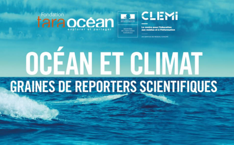 Charte visuel TARA Education "Océan et climat" sur fond bleu (horizon, océan)